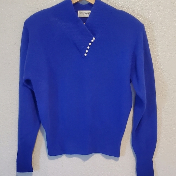 Rabbit Hair & Lambs Wool Royal Blue Knit Sweater with Pearl Buttons Size Medium - Picture 3 of 7